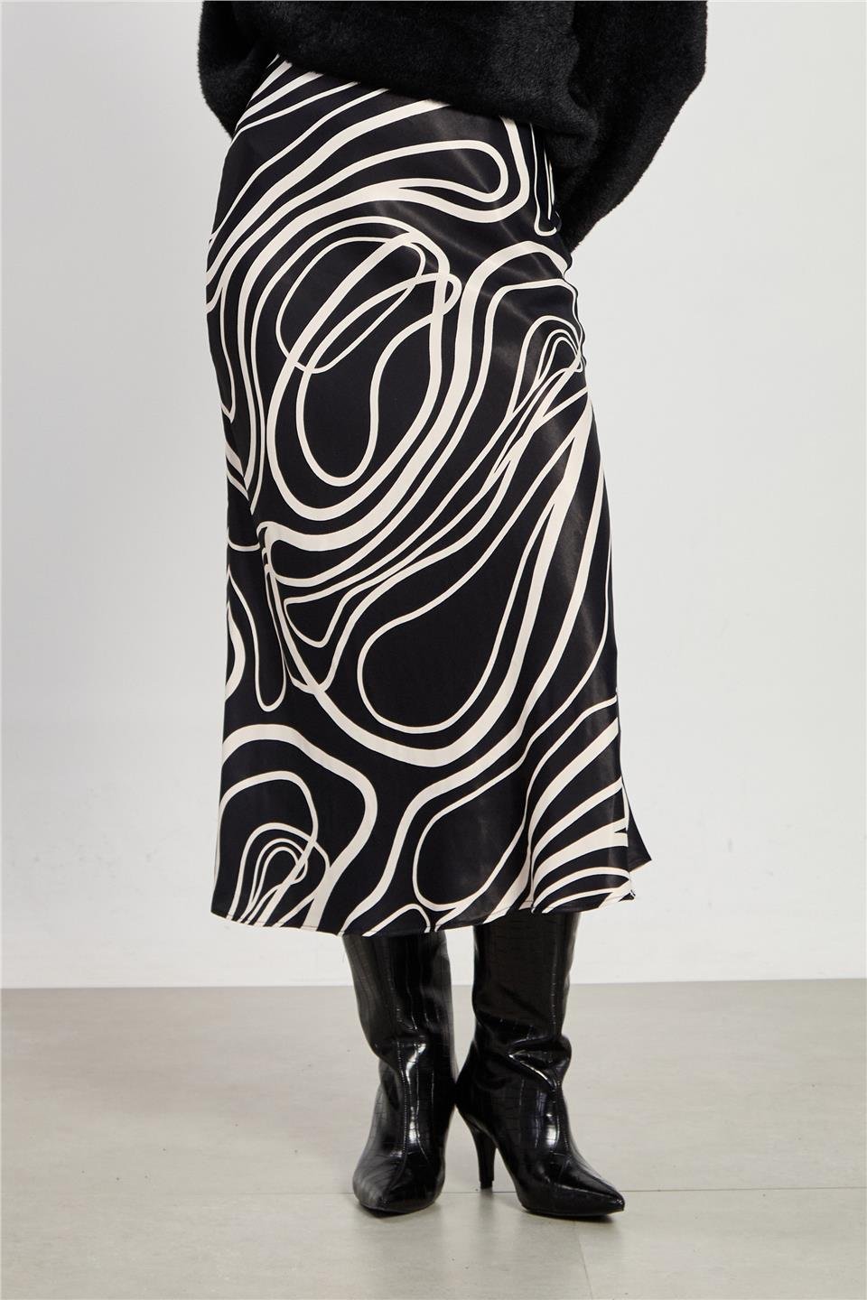 Çizgi desen midi etek-1444 Siyah/Ekru