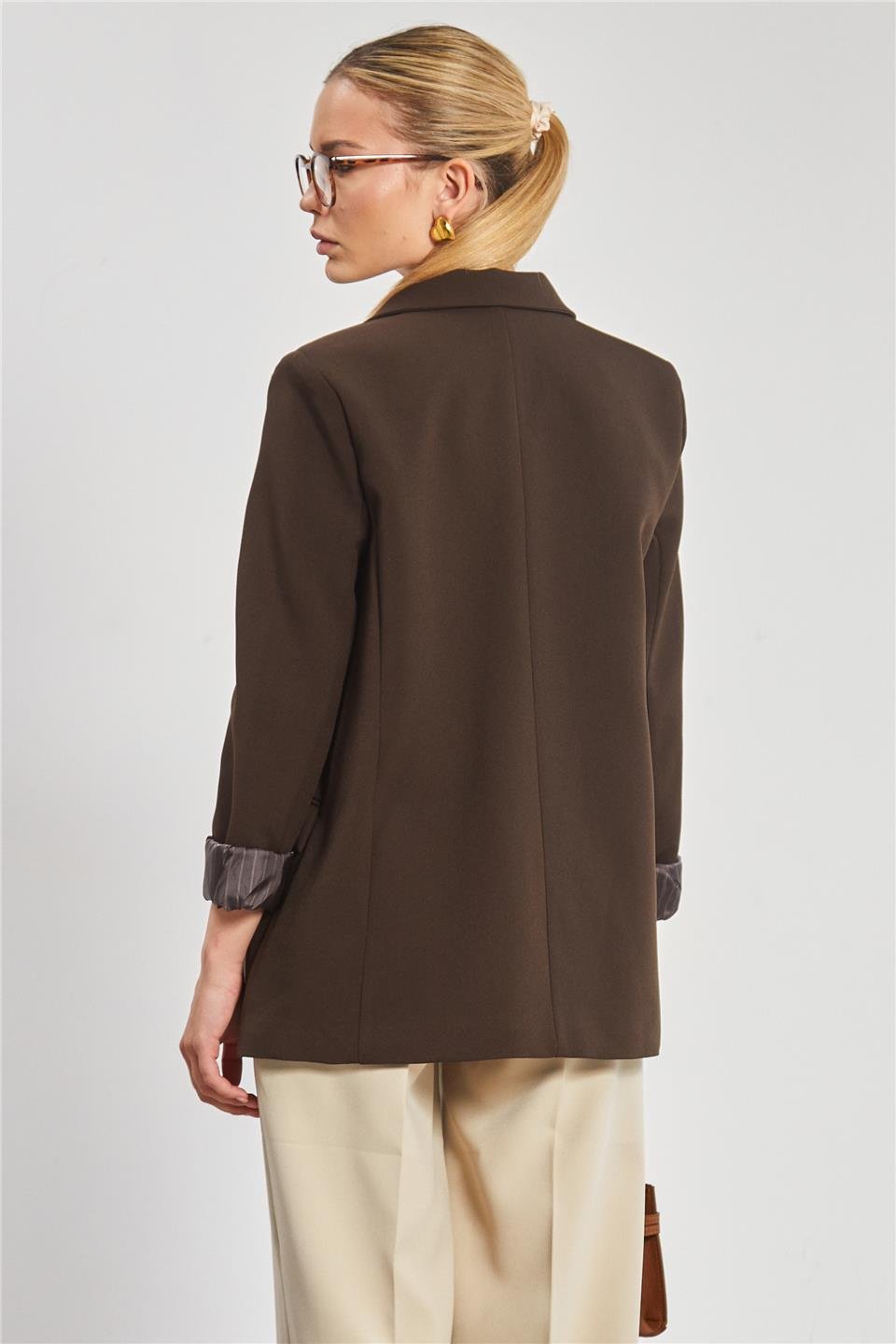 Çizgili astarlı blazer ceket-7560 Kahve