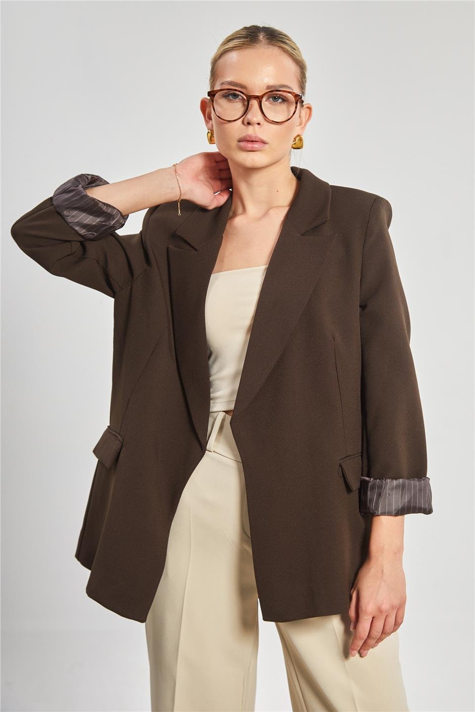 Çizgili astarlı blazer ceket-7560 Kahve