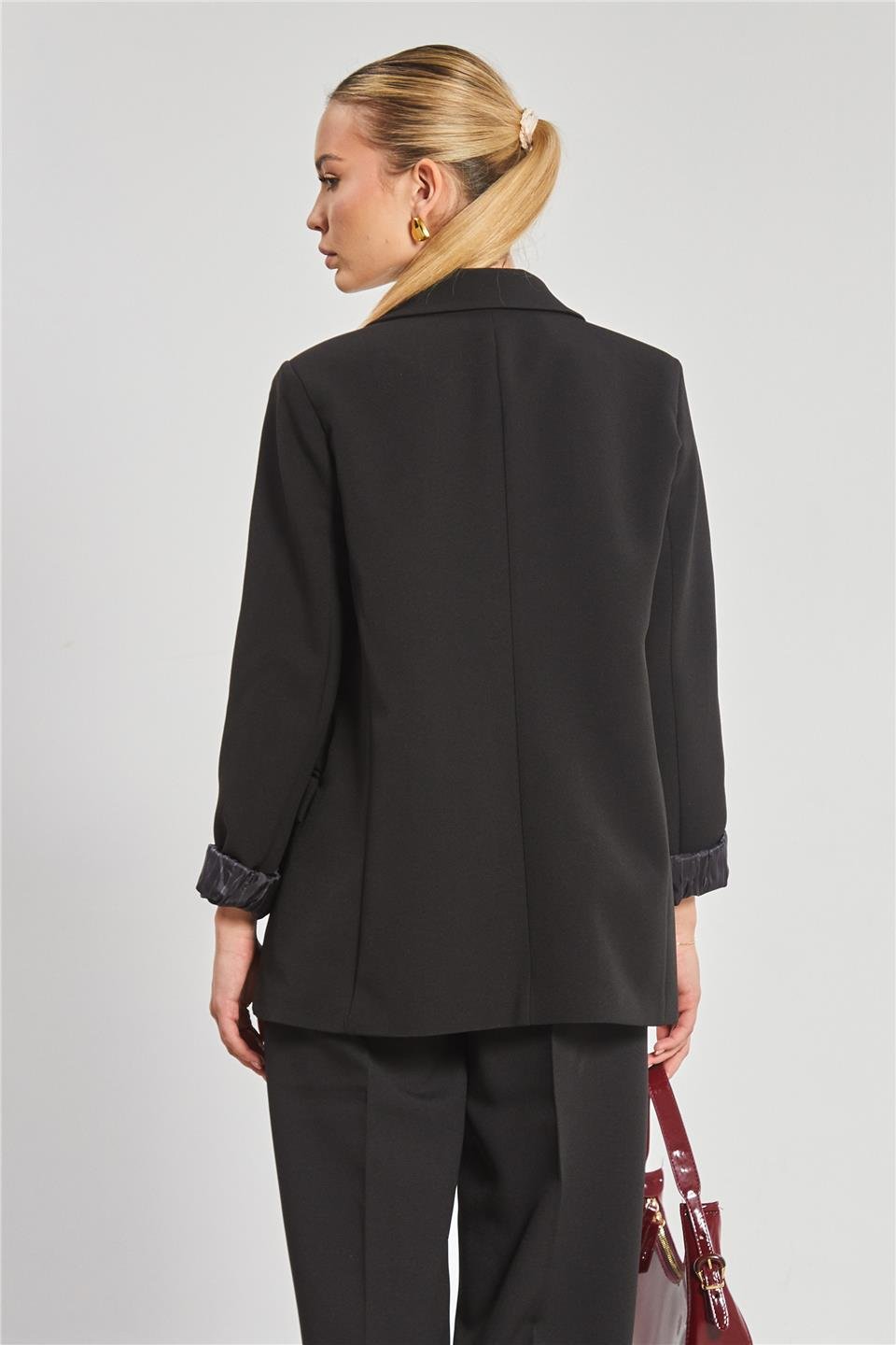 Çizgili astarlı blazer ceket-7560 Siyah