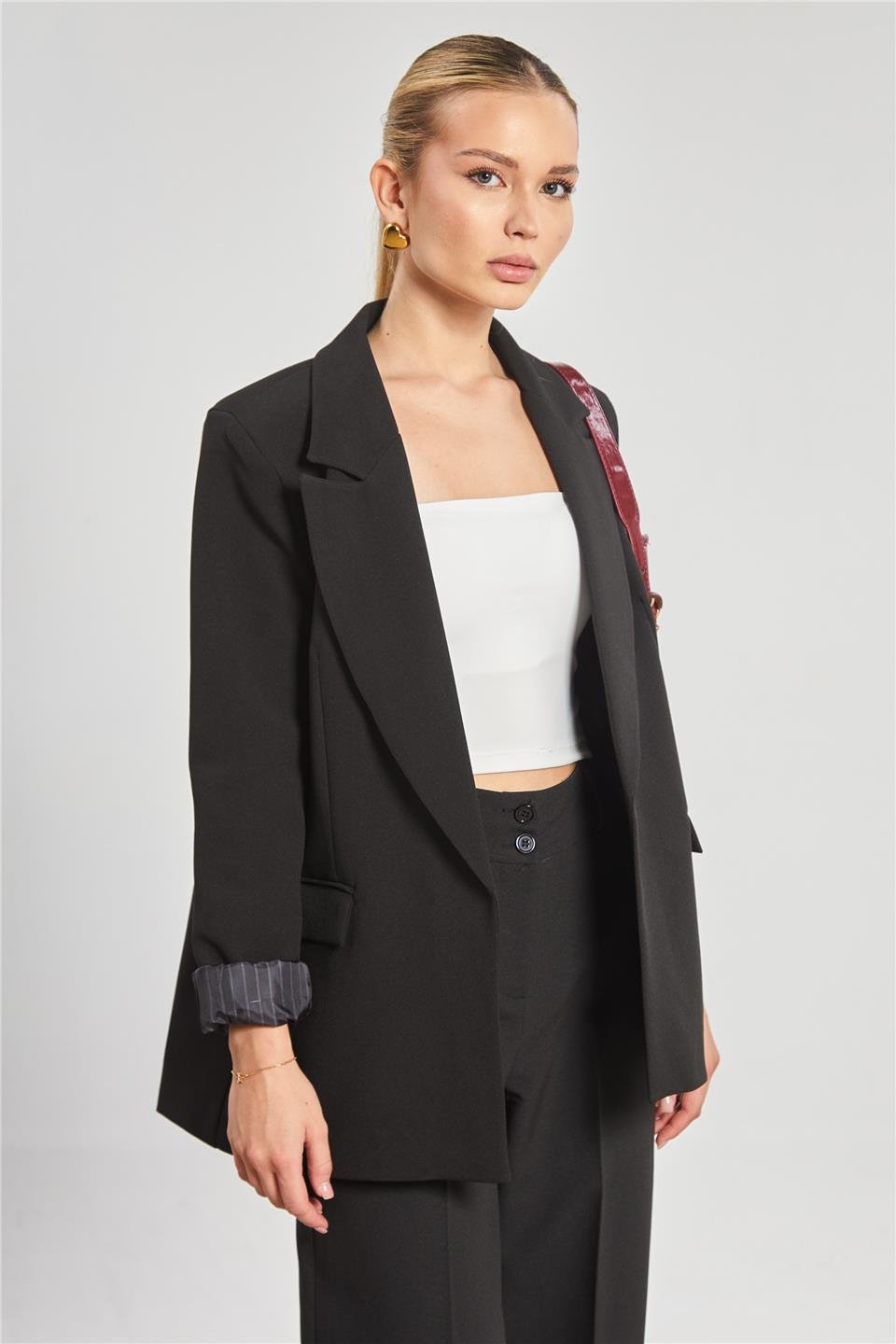 Çizgili astarlı blazer ceket-7560 Siyah