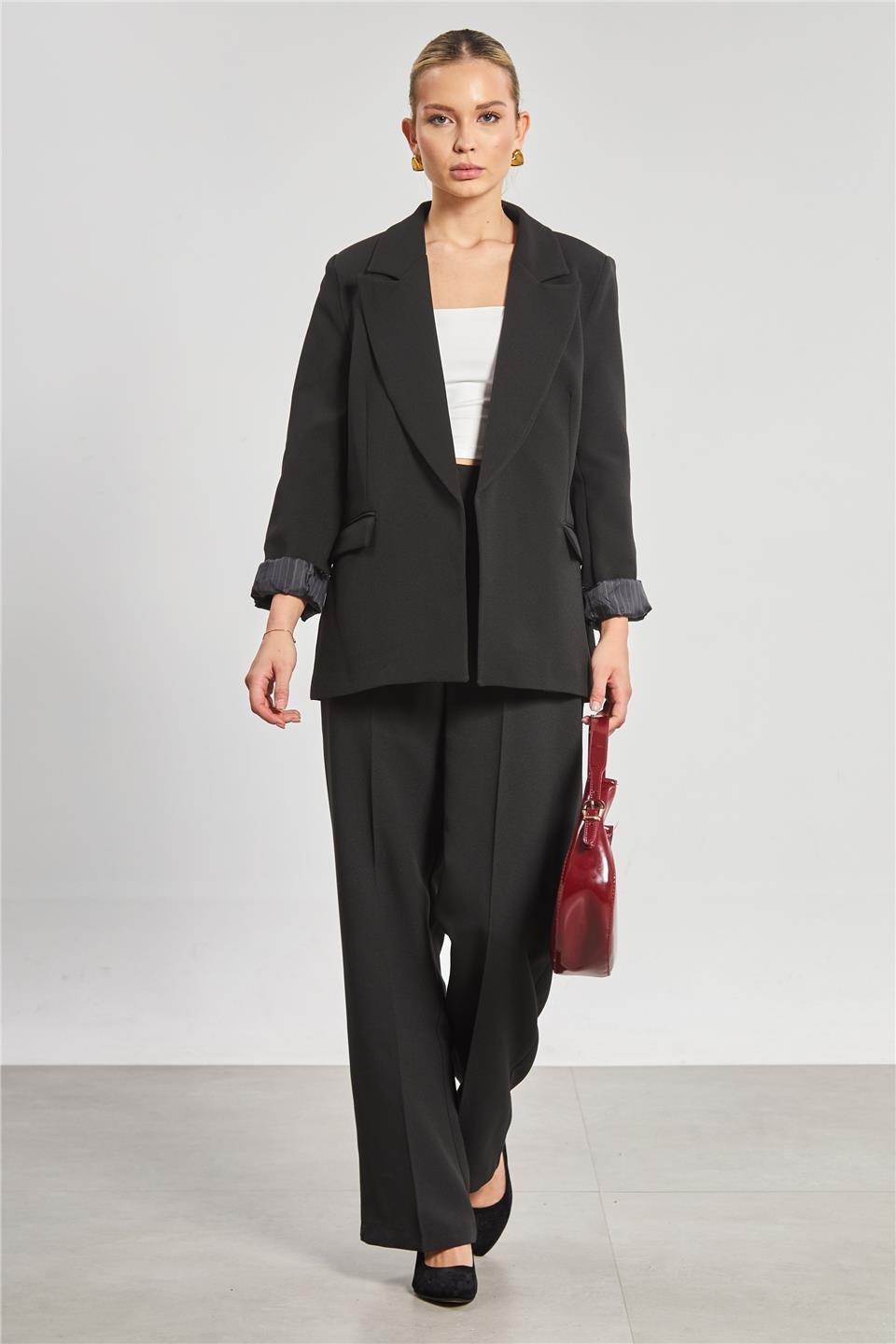 Çizgili astarlı blazer ceket-7560 Siyah