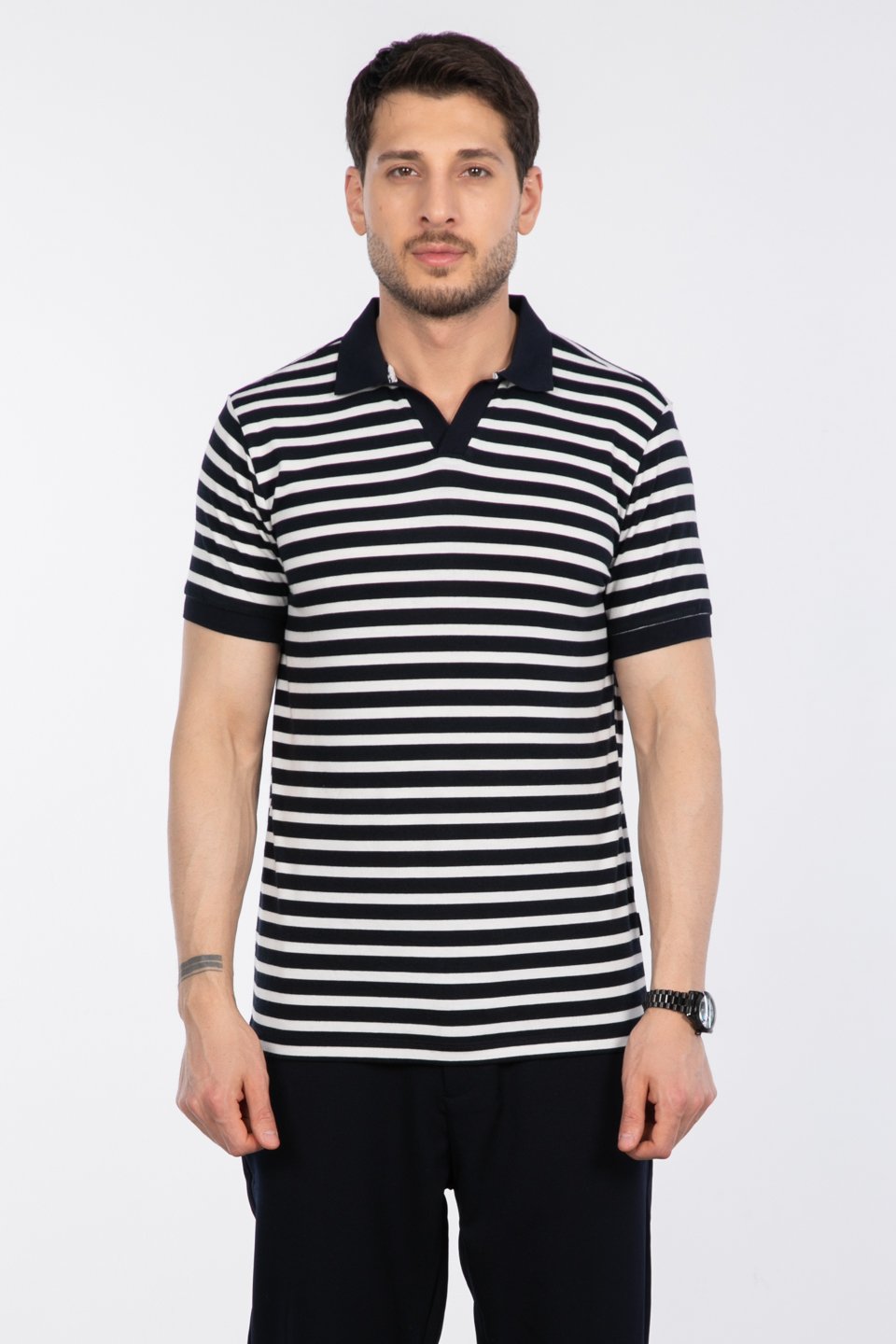 Çizgili polo yaka t-shirt-F849-9110 Lacivert