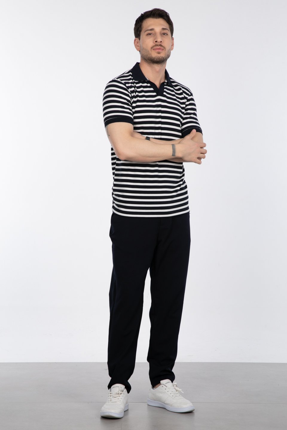 Çizgili polo yaka t-shirt-F849-9110 Lacivert