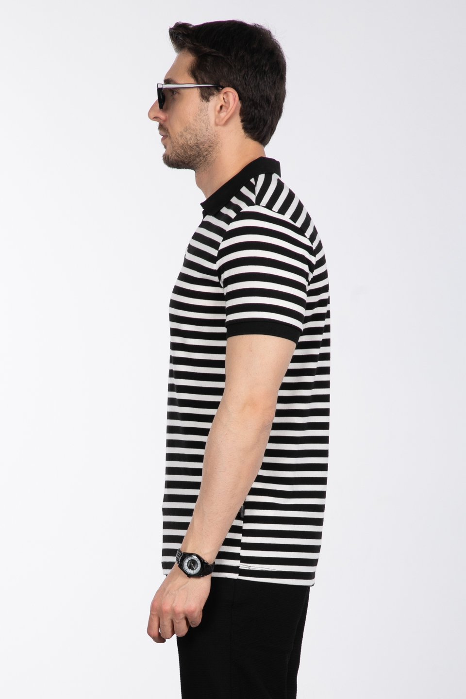 Çizgili polo yaka t-shirt-F849-9110 Siyah