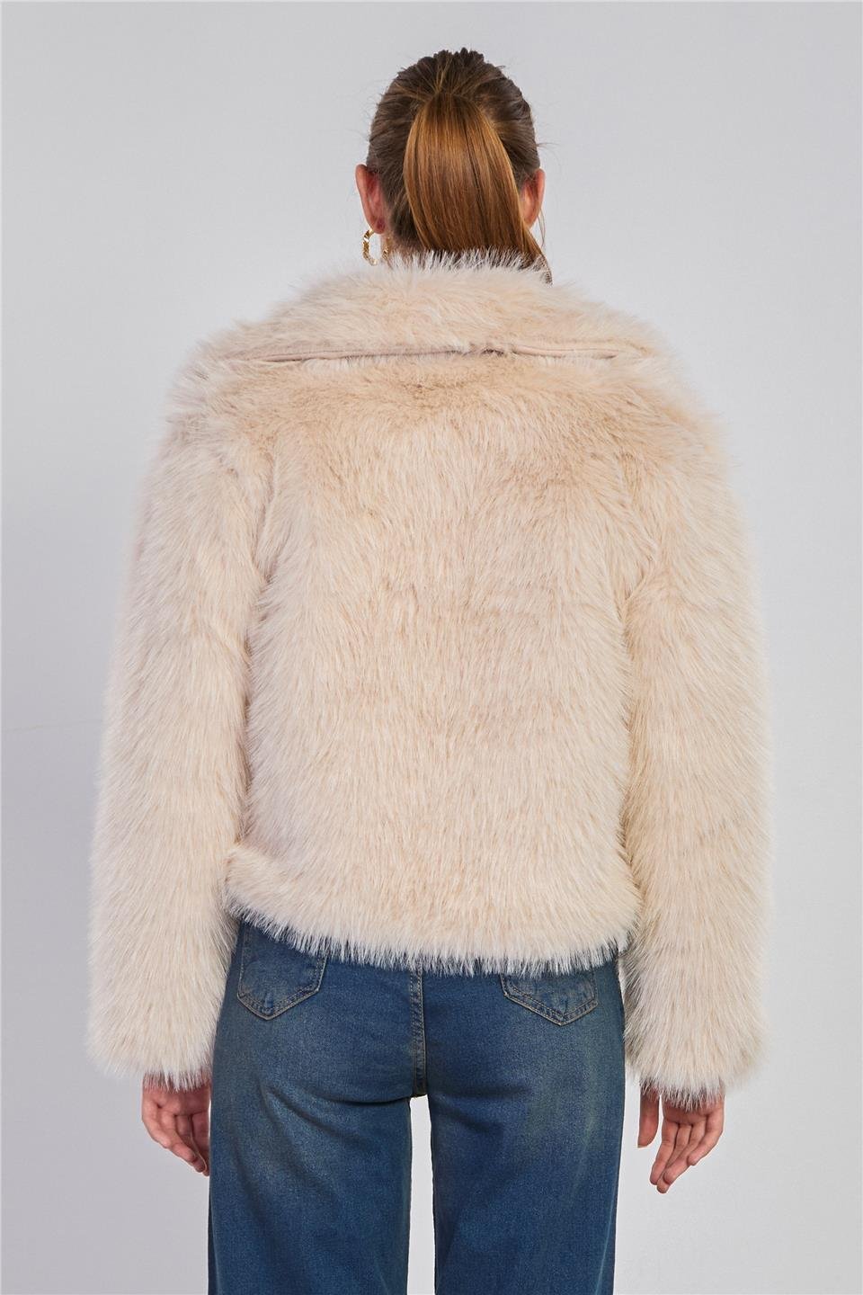 Deri detaylı peluş mont-2709 Taş