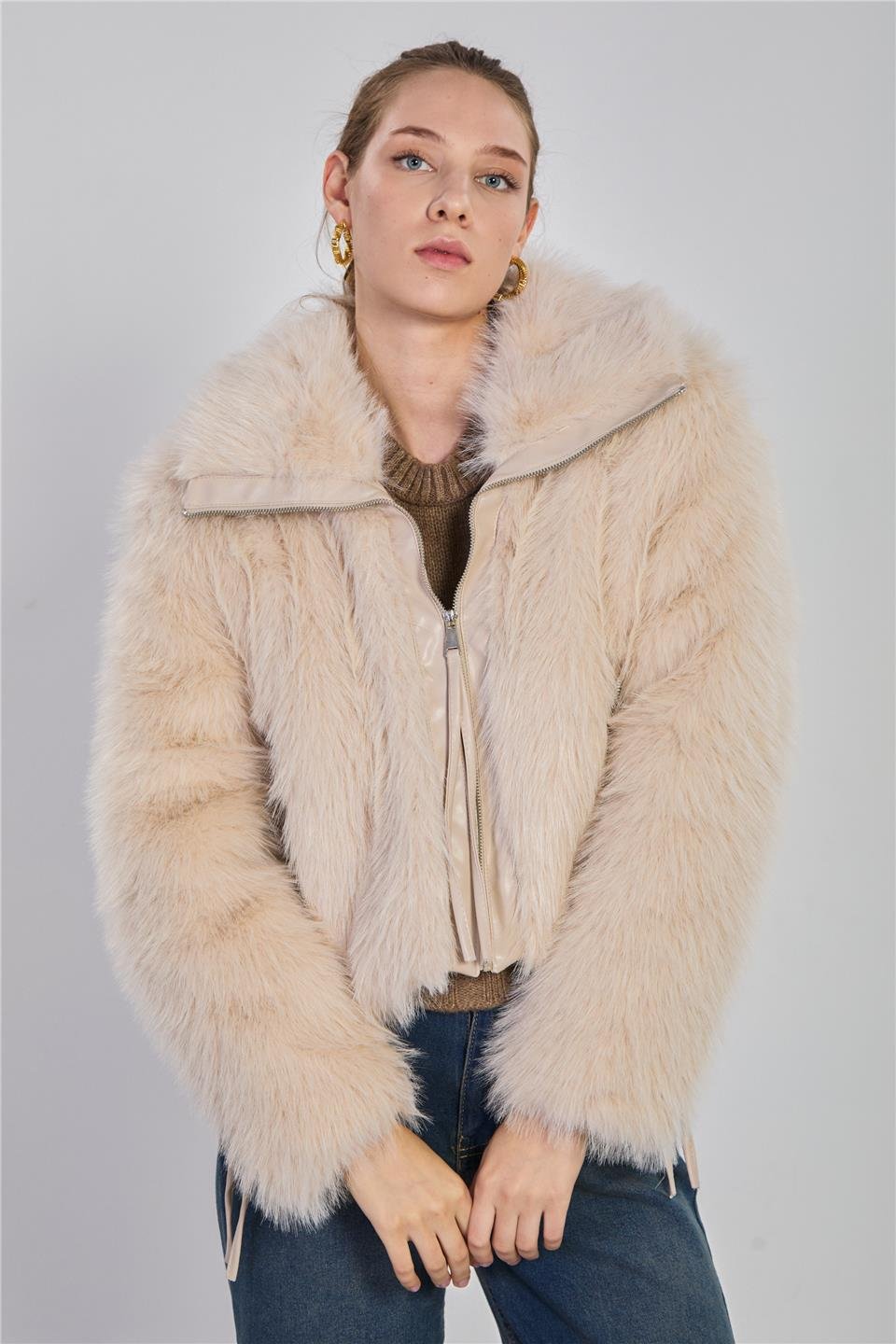 Deri detaylı peluş mont-2709 Taş