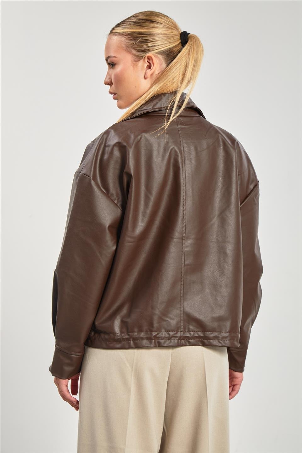 Deri görünümlü çift cep ceket-2142 Kahve