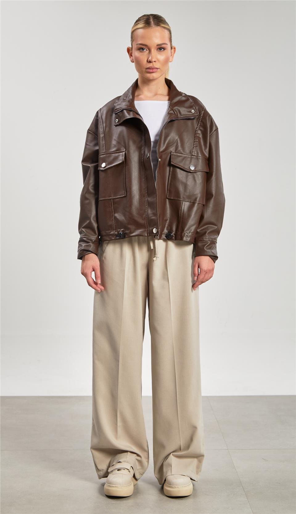 Deri görünümlü çift cep ceket-2142 Kahve