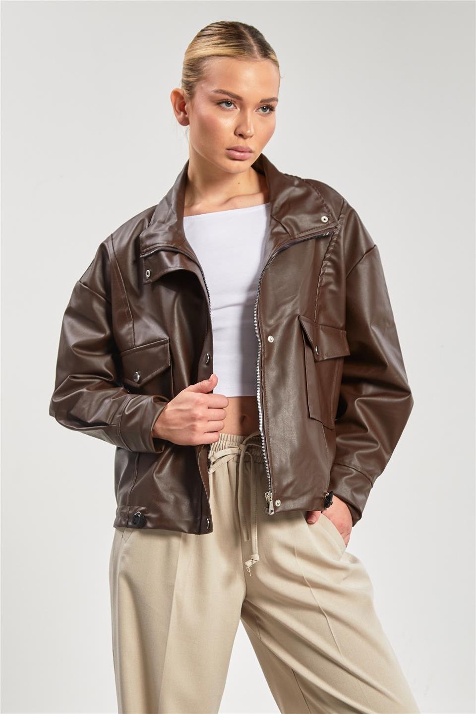 Deri görünümlü çift cep ceket-2142 Kahve