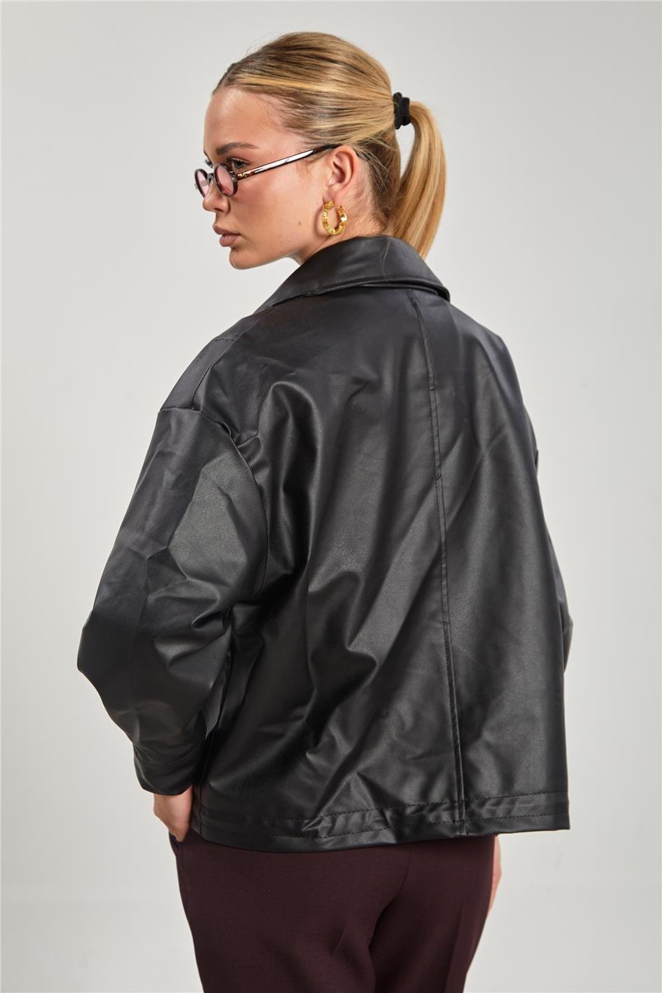 Deri görünümlü çift cep ceket-2142 Siyah