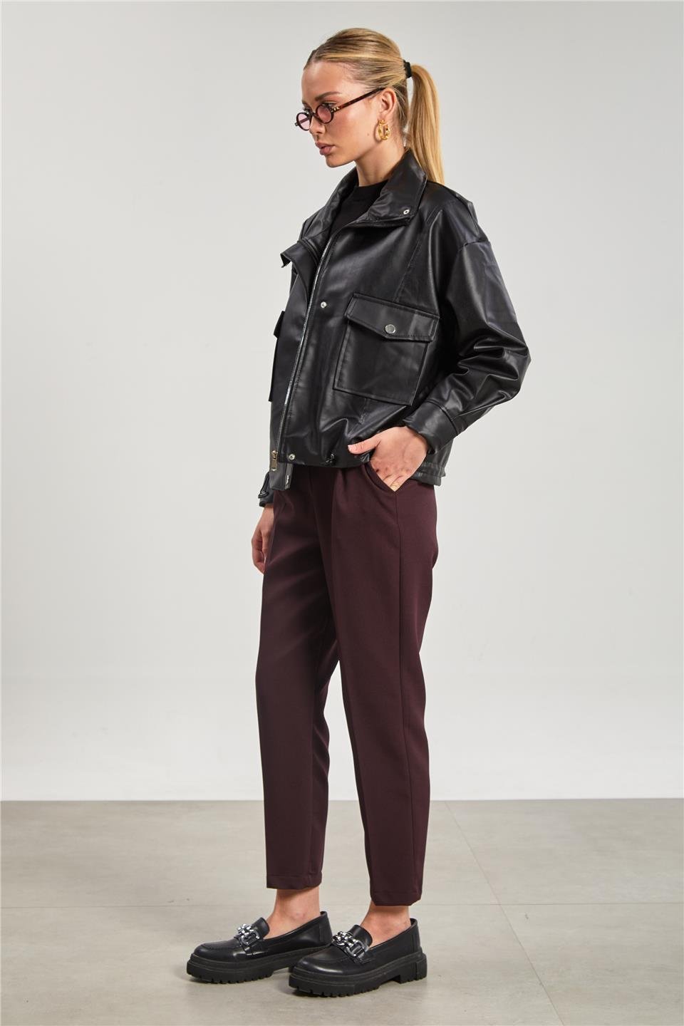 Deri görünümlü çift cep ceket-2142 Siyah