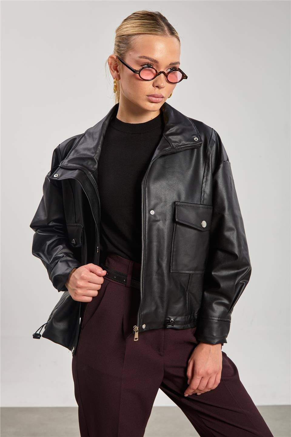 Deri görünümlü çift cep ceket-2142 Siyah