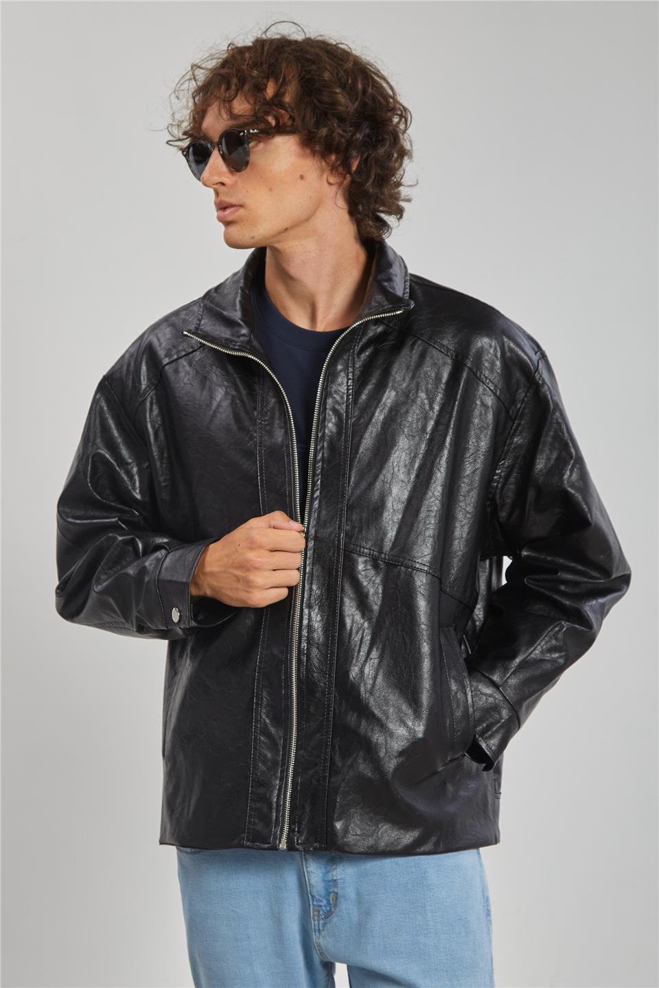Deri Görünümlü Çift Cep Erkek Ceket - Siyah