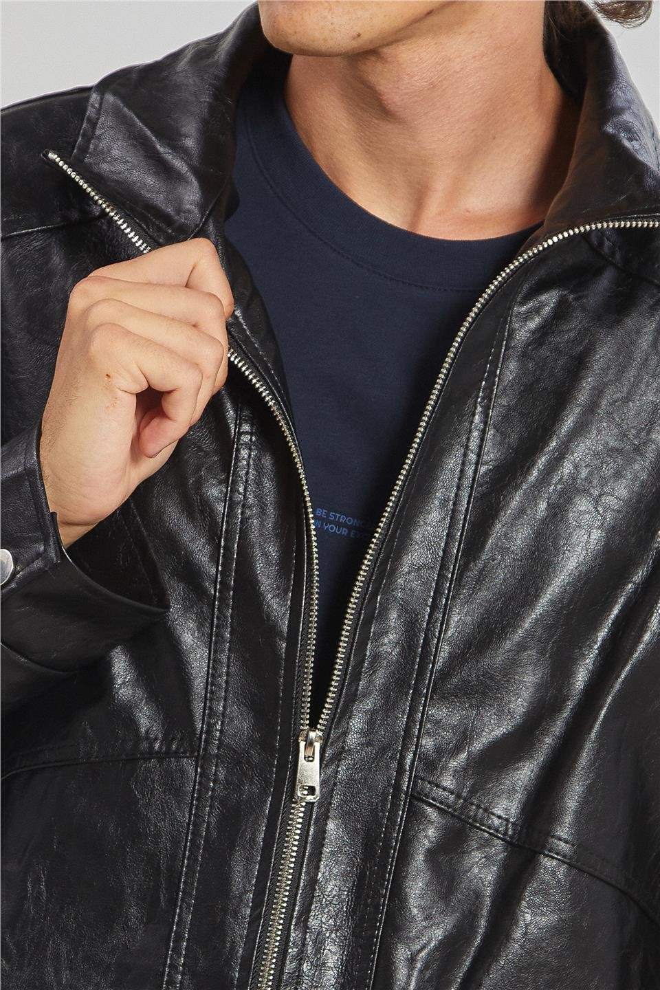 Deri Görünümlü Çift Cep Erkek Ceket - Siyah