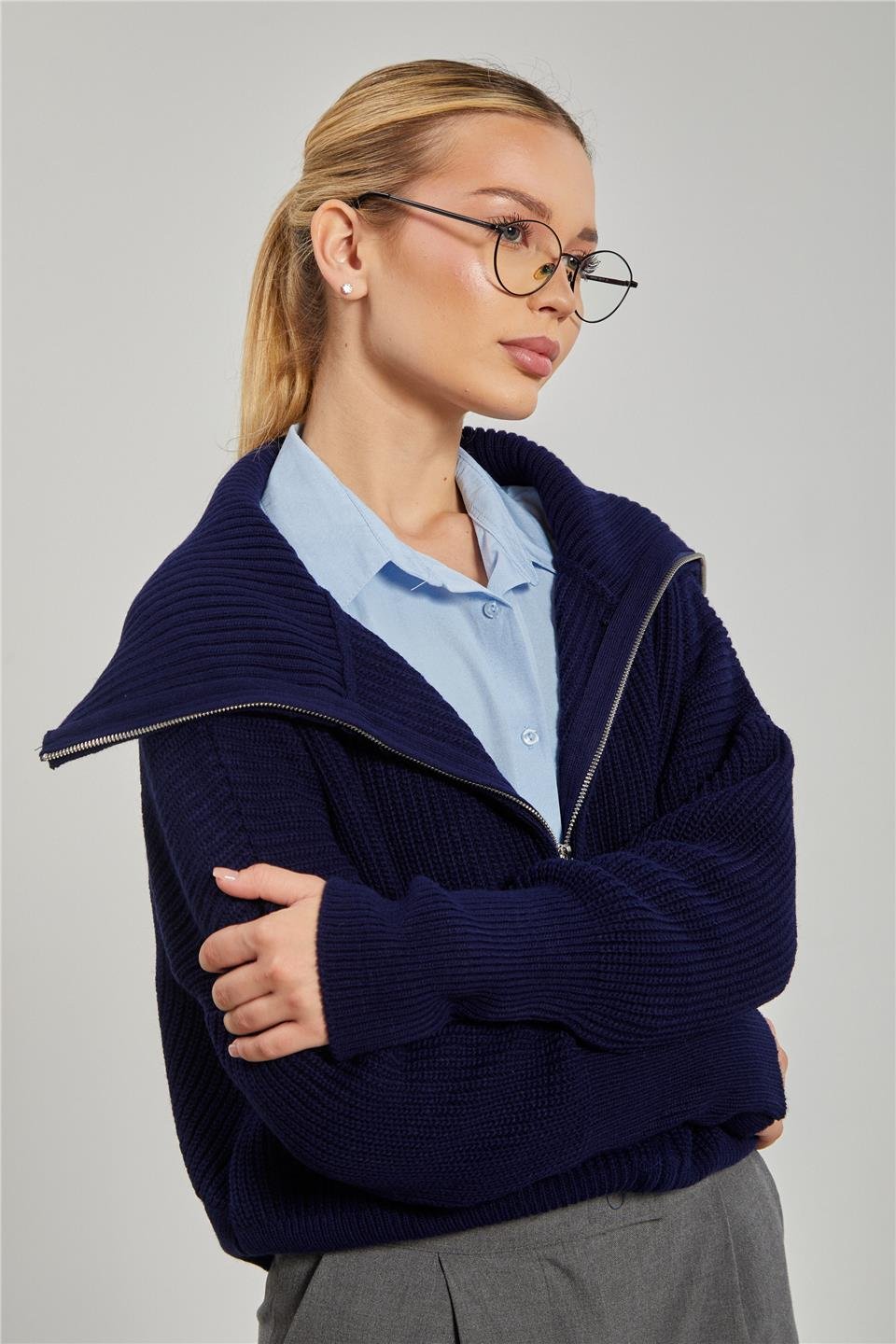 Devrik yaka fermuarlı triko hırka-6624 Lacivert