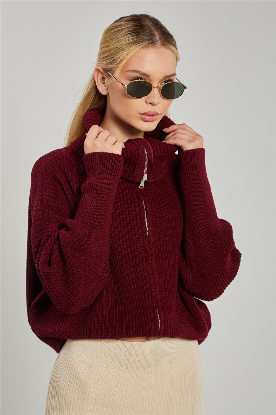 Devrik yaka fermuarlı triko hırka-6624 Bordo