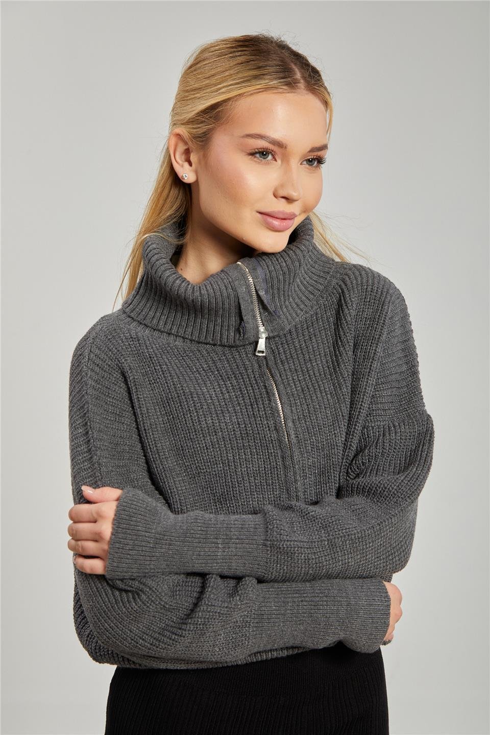 Devrik yaka fermuarlı triko hırka-6624 Antrasit