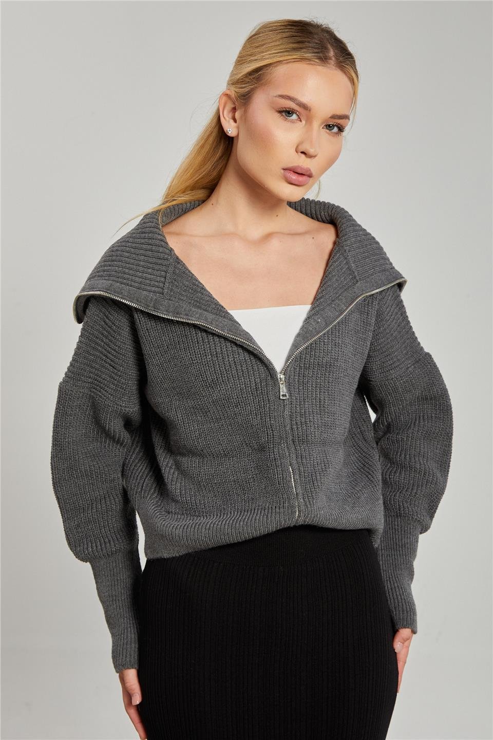 Devrik yaka fermuarlı triko hırka-6624 Antrasit