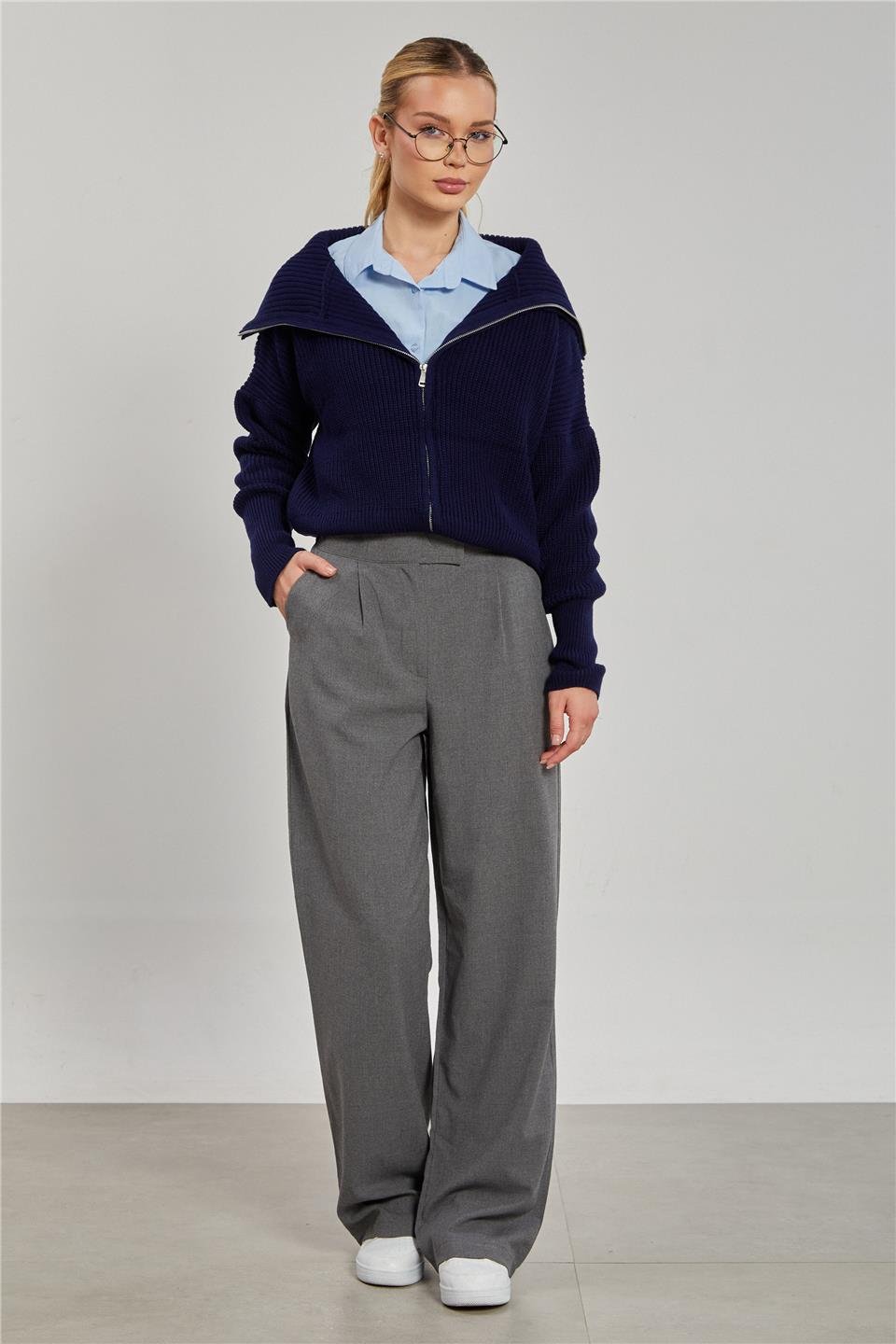 Devrik yaka fermuarlı triko hırka-6624 Lacivert