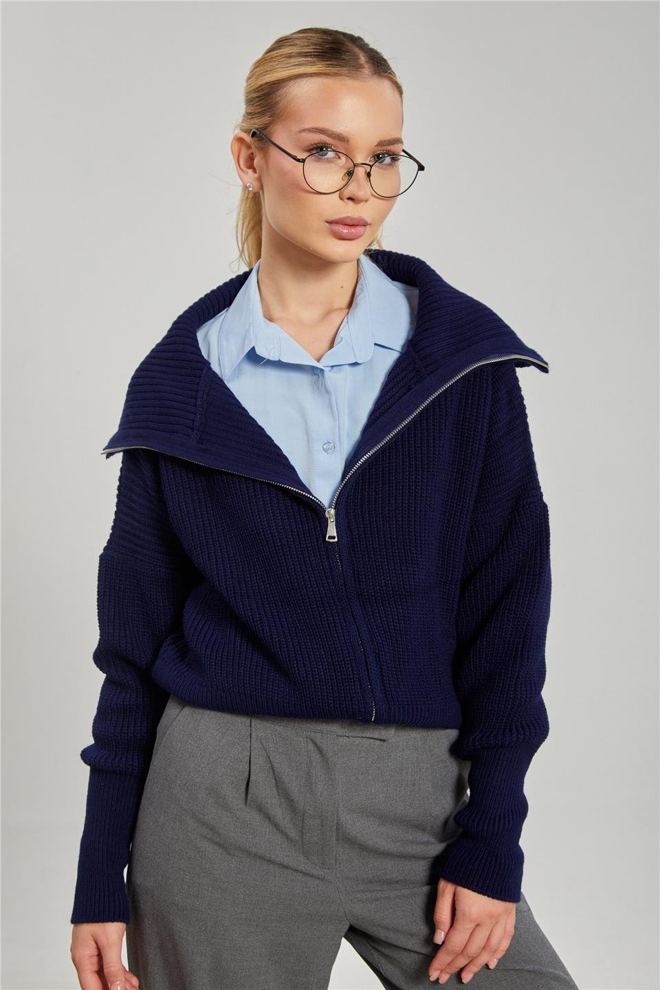 Devrik yaka fermuarlı triko hırka-6624 Lacivert