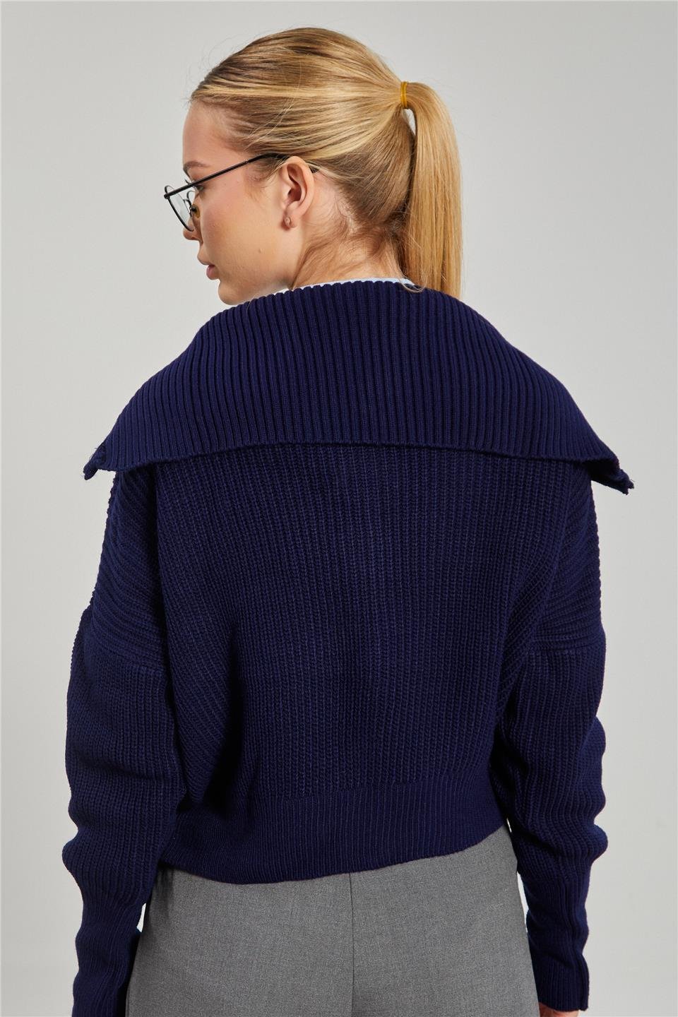 Devrik yaka fermuarlı triko hırka-6624 Lacivert