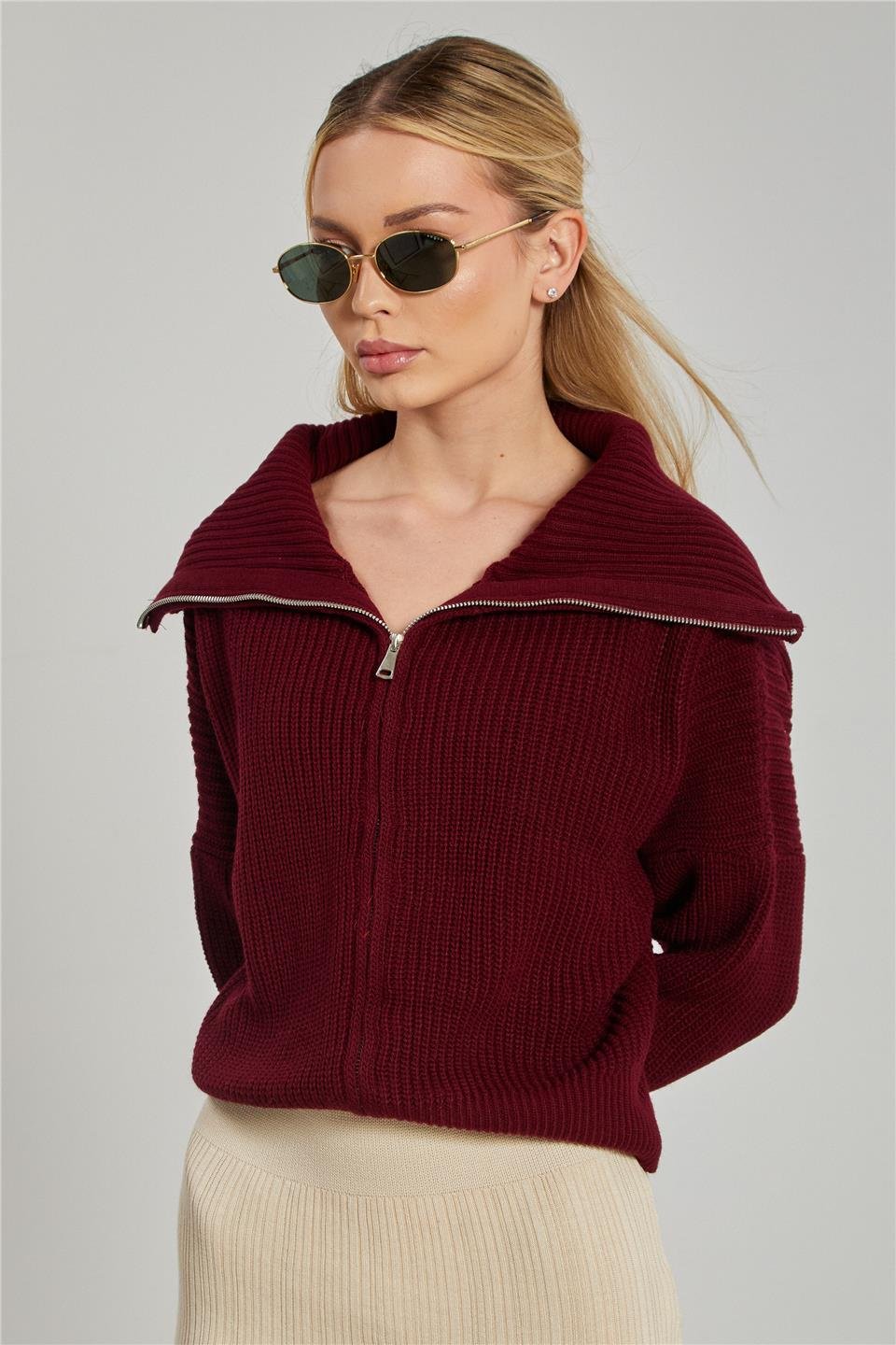 Devrik yaka fermuarlı triko hırka-6624 Bordo