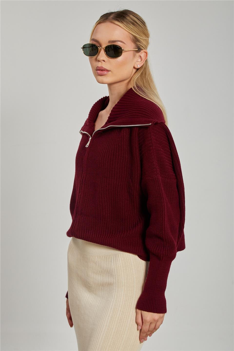 Devrik yaka fermuarlı triko hırka-6624 Bordo