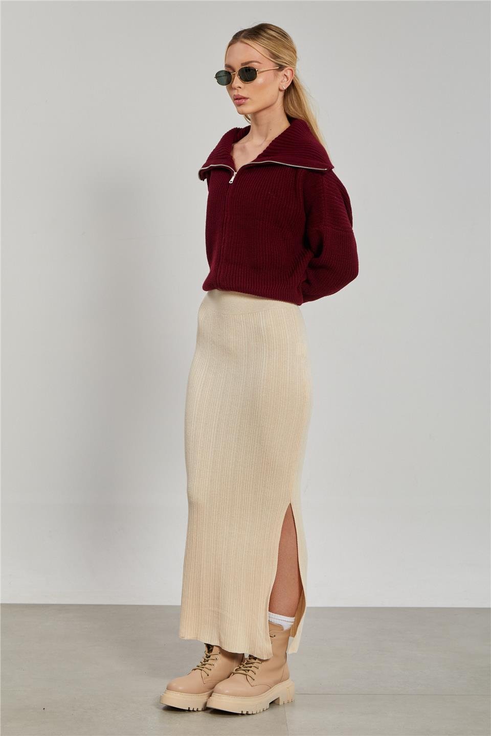 Devrik yaka fermuarlı triko hırka-6624 Bordo