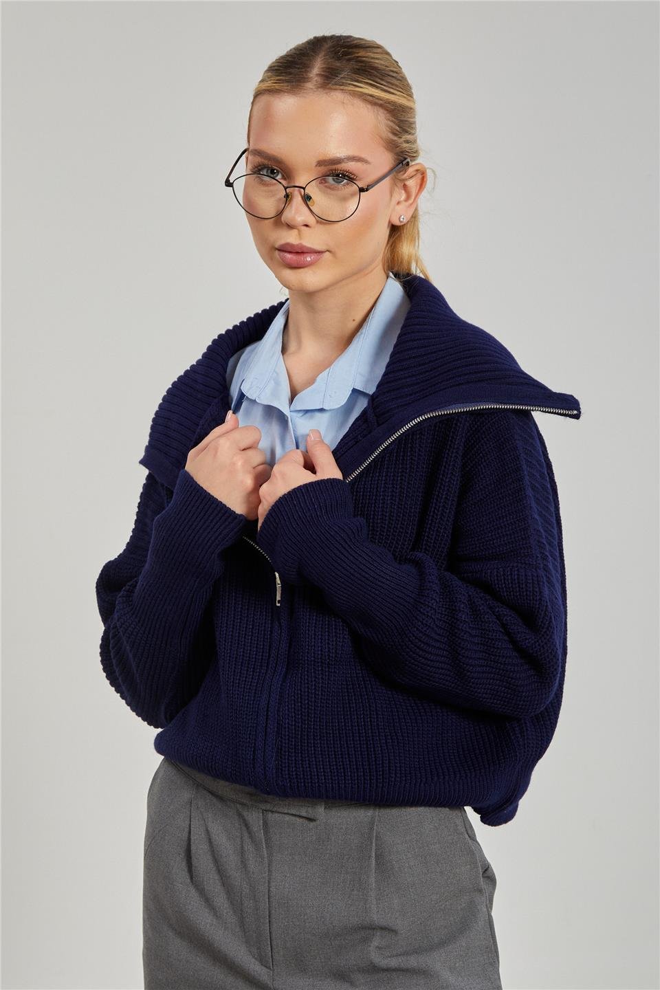 Devrik yaka fermuarlı triko hırka-6624 Lacivert