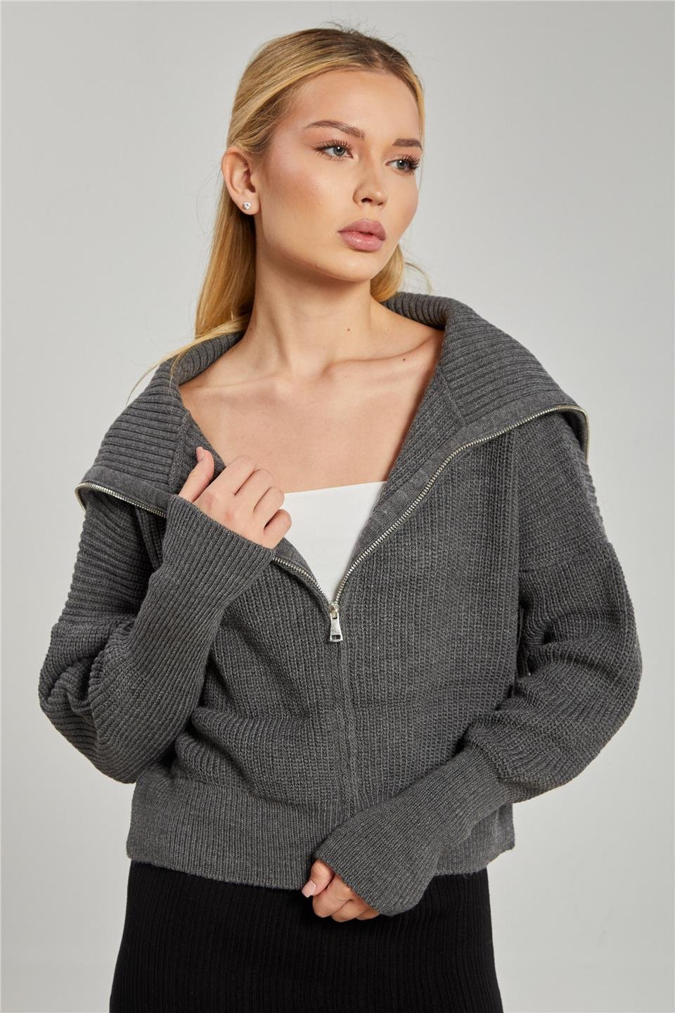 Devrik yaka fermuarlı triko hırka-6624 Antrasit