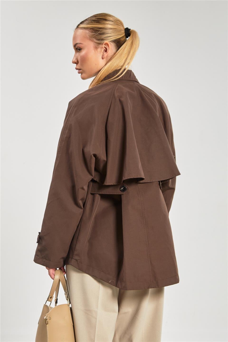 Dik yaka cepli fermuarlı trençkot-7532 Kahve