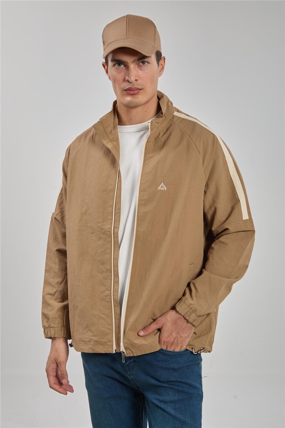 Dik yaka kalın kol biyeli ceket-2898 Vizon