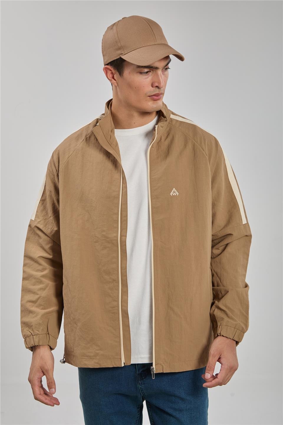 Dik yaka kalın kol biyeli ceket-2898 Vizon