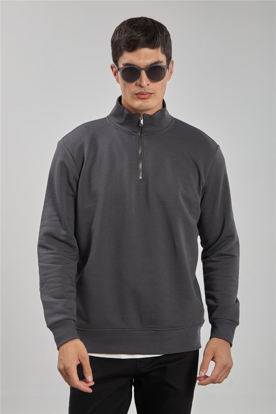 Dik yaka logolu sweatshirt-1219 Antrasit