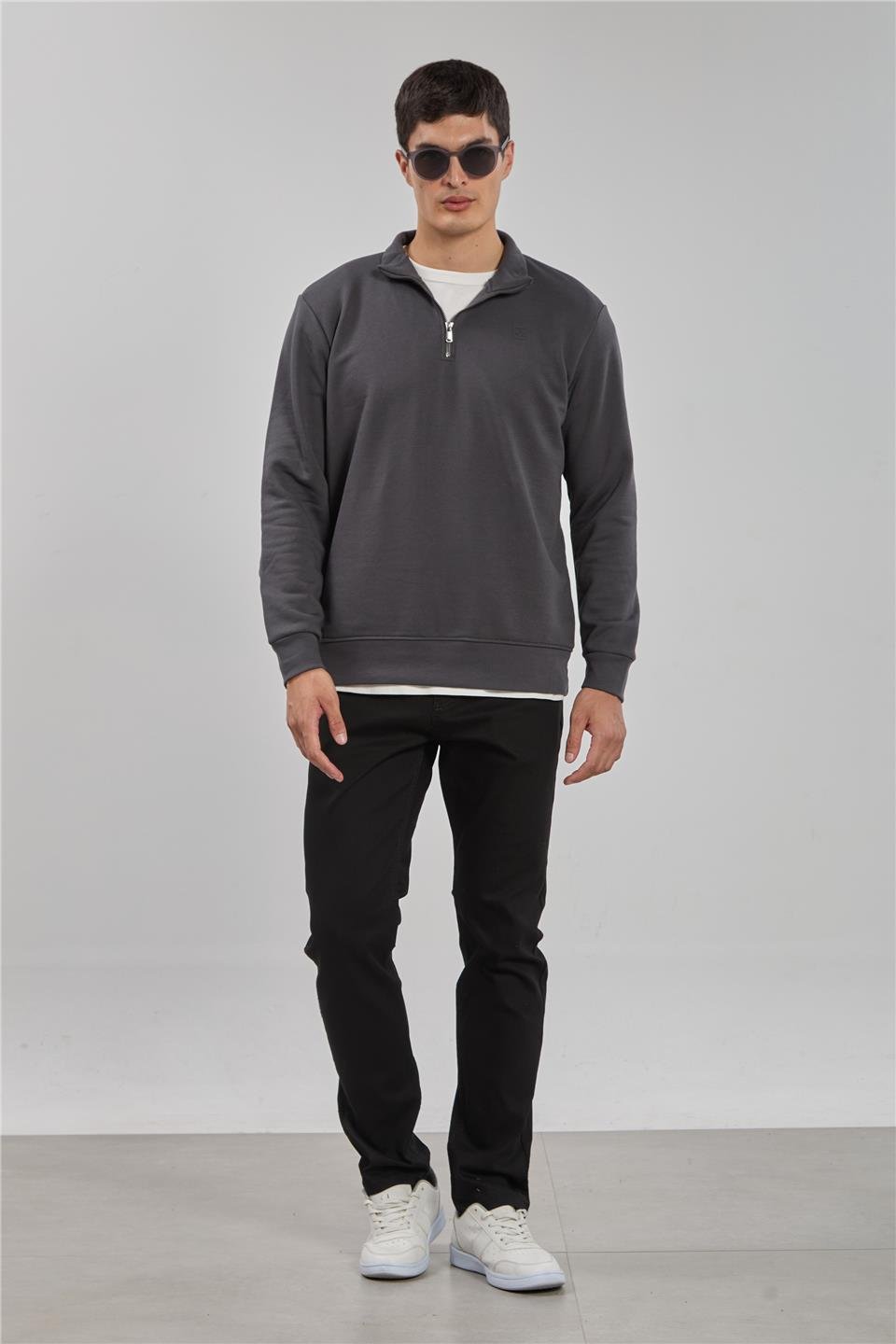 Dik yaka logolu sweatshirt-1219 Antrasit