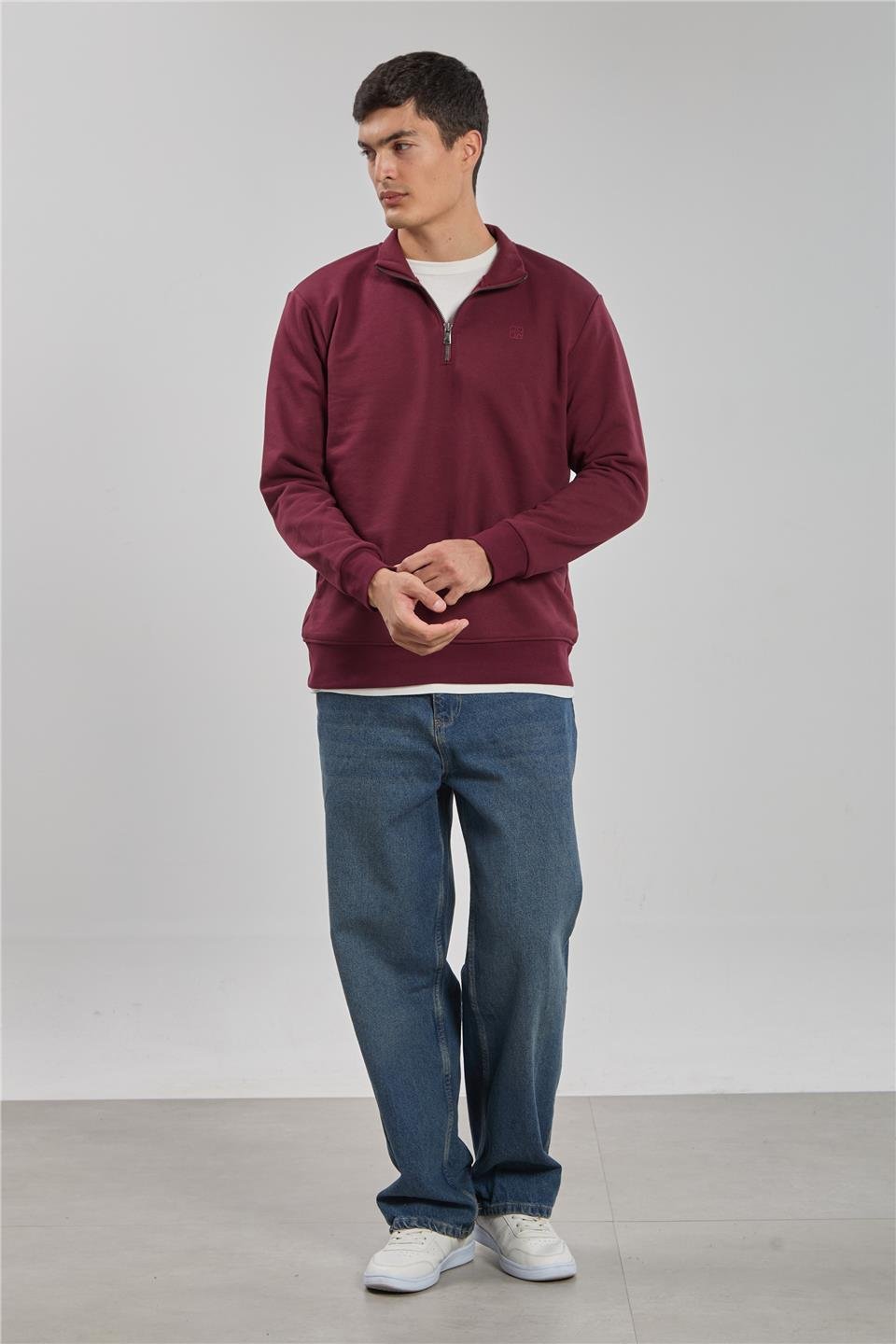 Dik yaka logolu sweatshirt-1219 Bordo