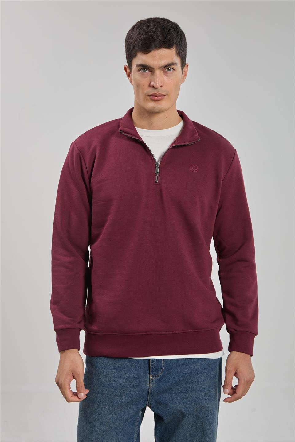 Dik yaka logolu sweatshirt-1219 Bordo