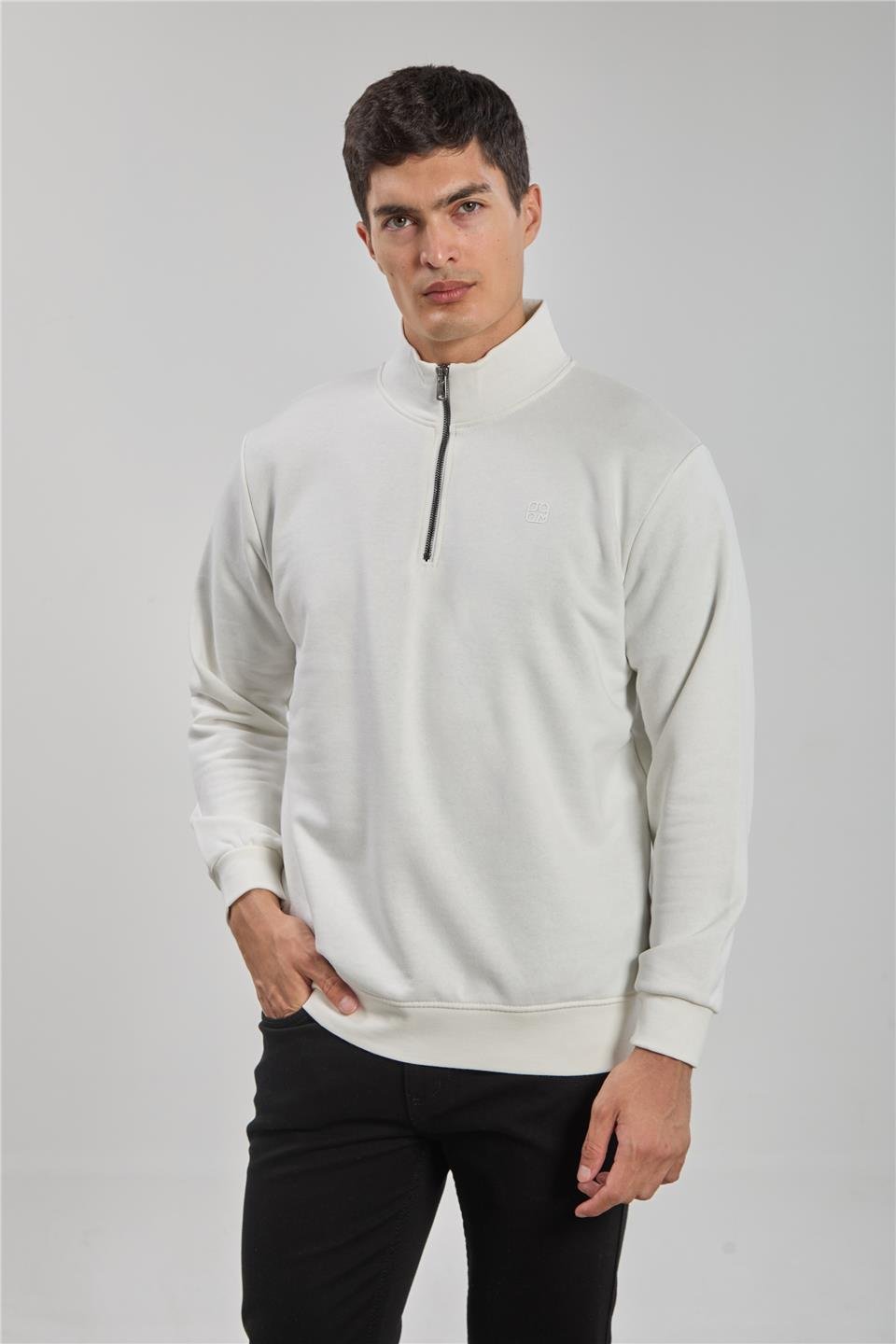 Dik yaka logolu sweatshirt-1219 Ekru