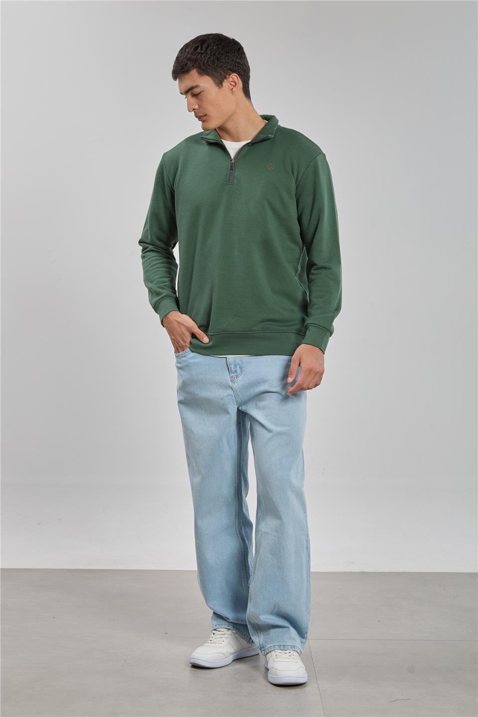 Dik yaka logolu sweatshirt-1219 Haki