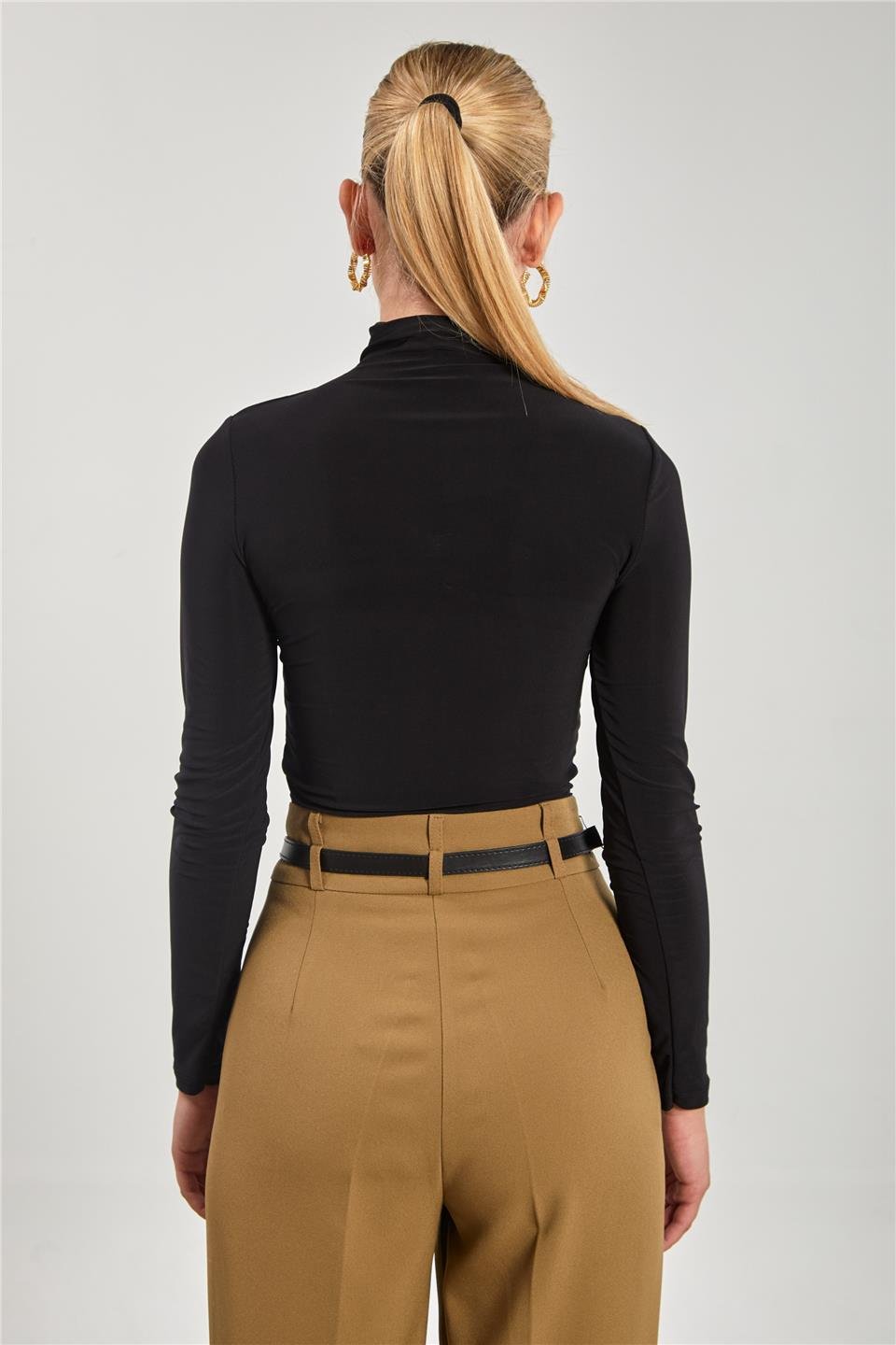 Dik yaka önü büzgülü bluz-13747 Siyah