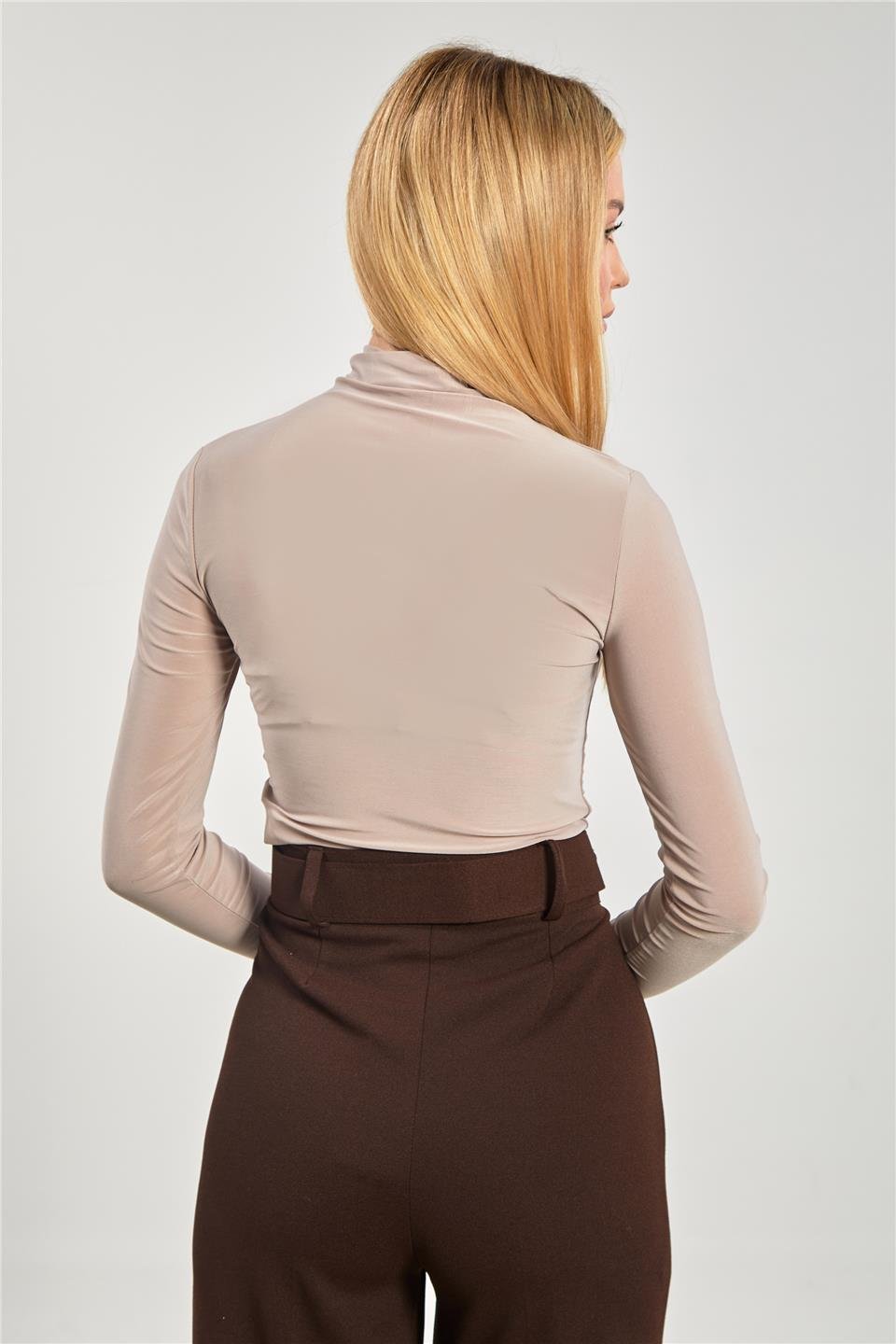 Dik yaka önü büzgülü bluz-13747 Vizon