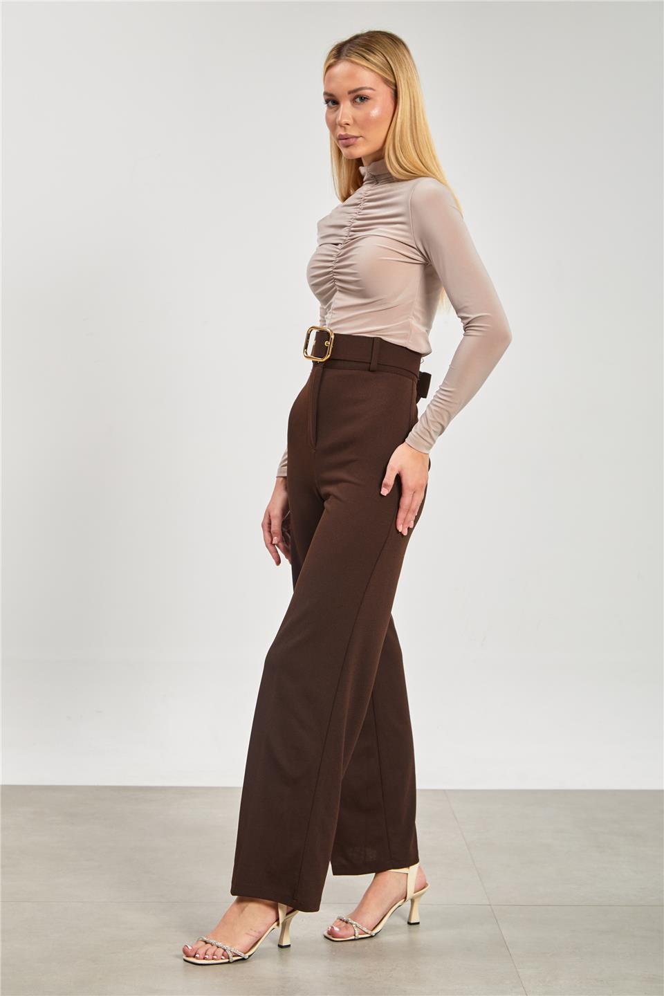 Dik yaka önü büzgülü bluz-13747 Vizon