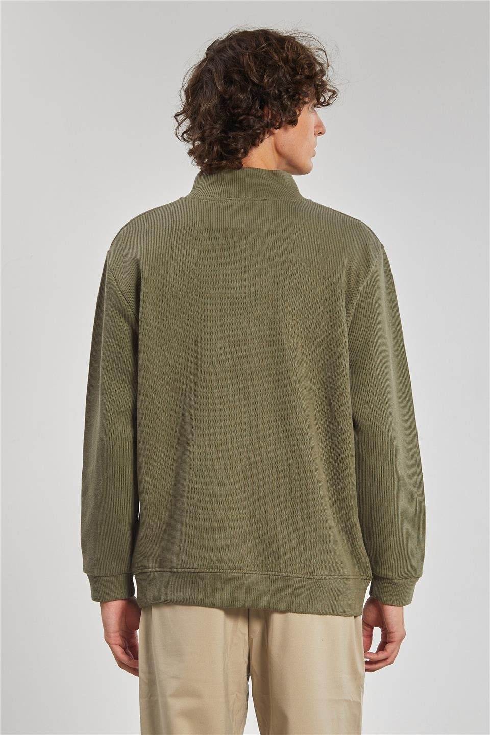 Dik Yaka Selanik Erkek Sweat - Haki