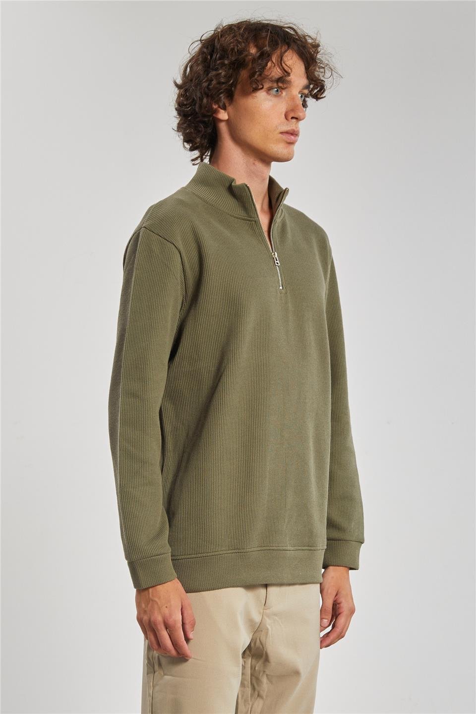 Dik Yaka Selanik Erkek Sweat - Haki