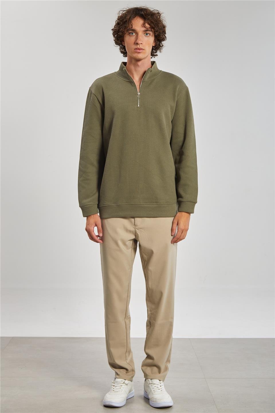 Dik Yaka Selanik Erkek Sweat - Haki