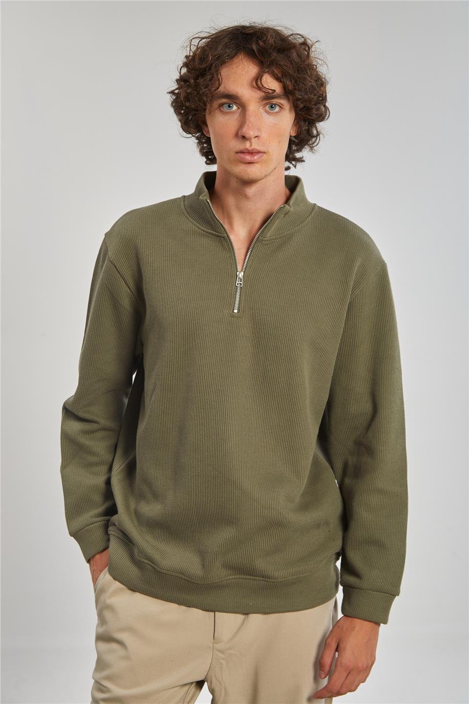 Dik Yaka Selanik Erkek Sweat - Haki