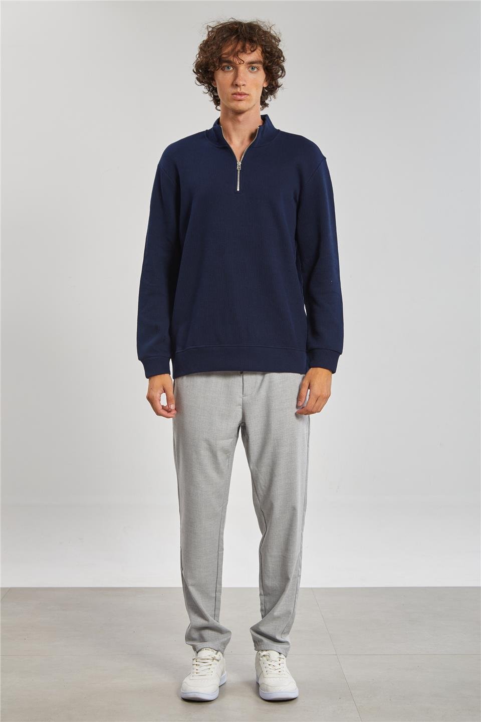 Dik Yaka Selanik Erkek Sweat - İndigo