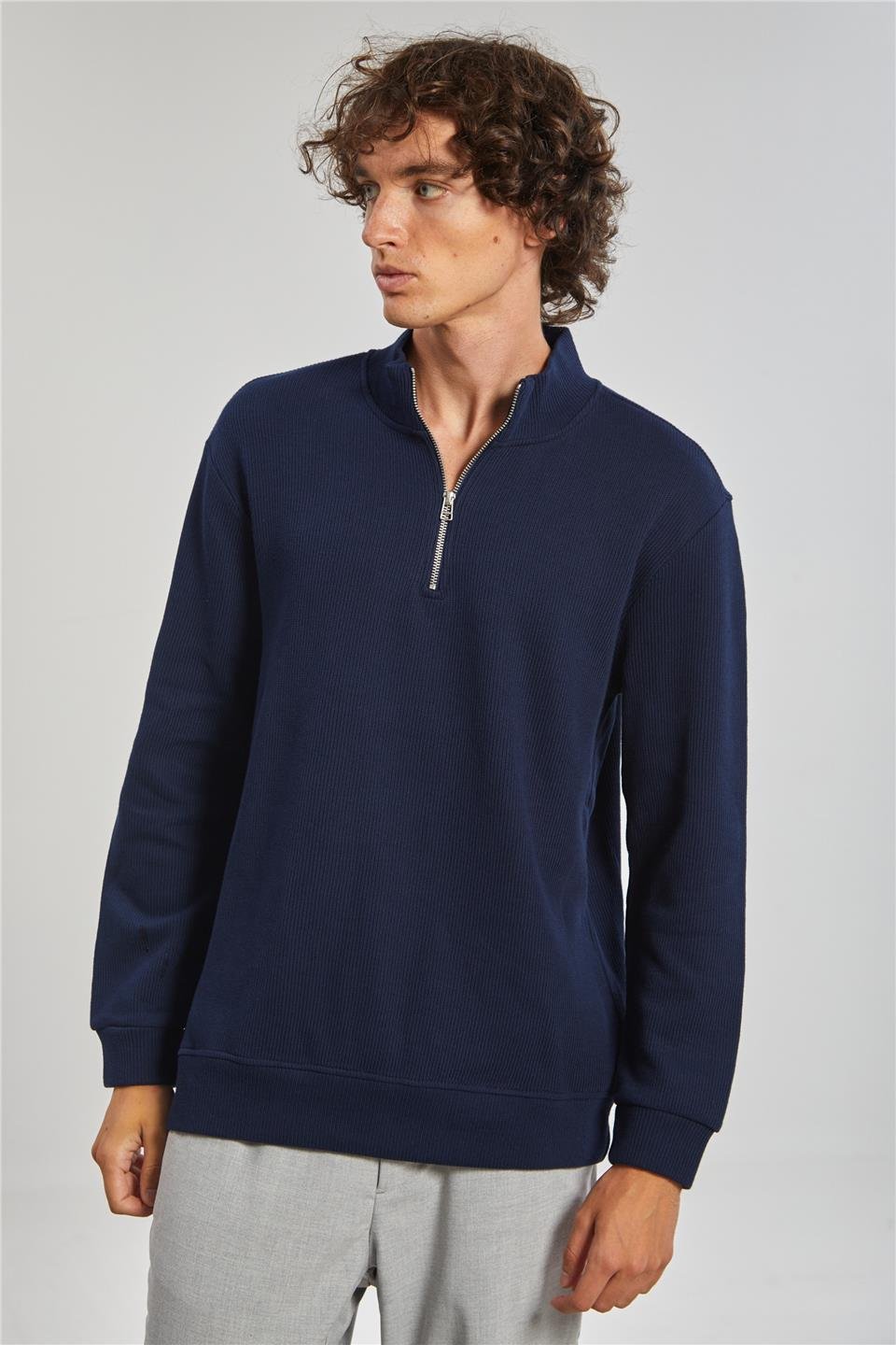 Dik Yaka Selanik Erkek Sweat - İndigo