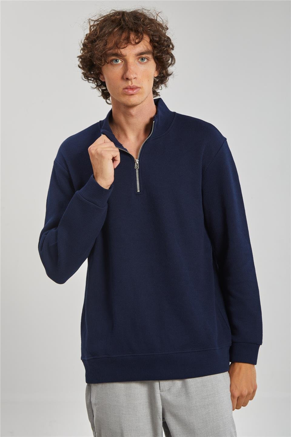 Dik Yaka Selanik Erkek Sweat - İndigo